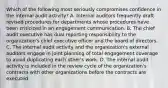 Which of the following most seriously compromises confidence in the internal audit activity? A. Internal auditors frequently draft revised procedures for departments whose procedures have been criticized in an engagement communication. B. The chief audit executive has dual reporting responsibility to the organization's chief executive officer and the board of directors. C. The internal audit activity and the organization's external auditors engage in joint planning of total engagement coverage to avoid duplicating each other's work. D. The internal audit activity is included in the review cycle of the organization's contracts with other organizations before the contracts are executed.