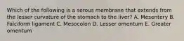 Which of the following is a serous membrane that extends from the lesser curvature of the stomach to the liver? A. Mesentery B. Falciform ligament C. Mesocolon D. Lesser omentum E. Greater omentum