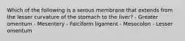 Which of the following is a serous membrane that extends from the lesser curvature of the stomach to the liver? - Greater omentum - Mesentery - Falciform ligament - Mesocolon - Lesser omentum