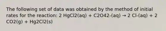 The following set of data was obtained by the method of initial rates for the reaction: 2 HgCl2(aq) + C2O42-(aq) → 2 Cl-(aq) + 2 CO2(g) + Hg2Cl2(s)