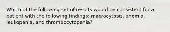 Which of the following set of results would be consistent for a patient with the following findings: macrocytosis, anemia, leukopenia, and thrombocytopenia?