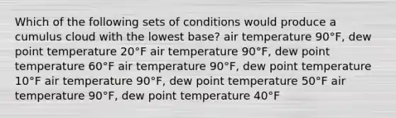 ​Which of the following sets of conditions would produce a cumulus cloud with the lowest base? ​air temperature 90°F, dew point temperature 20°F ​air temperature 90°F, dew point temperature 60°F ​air temperature 90°F, dew point temperature 10°F ​air temperature 90°F, dew point temperature 50°F ​air temperature 90°F, dew point temperature 40°F