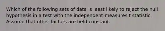 Which of the following sets of data is least likely to reject the null hypothesis in a test with the independent-measures t statistic. Assume that other factors are held constant.