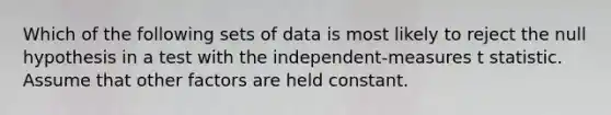 Which of the following sets of data is most likely to reject the null hypothesis in a test with the independent-measures t statistic. Assume that other factors are held constant.