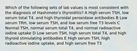 Which of the following sets of lab values is most consistent with the diagnosis of Hashimoto's thyroiditis? A High serum TSH, low serum total T4, and high thyroidal peroxidase antibodies B Low serum TRH, low serum TSH, and low serum free T3 levels C Normal TSH, normal serum total T4, and normal radioactive iodine uptake D Low serum TSH, high serum total T4, and high thyroid stimulating antibodies E High serum TSH, high radioactive iodine uptake, and high serum free T3