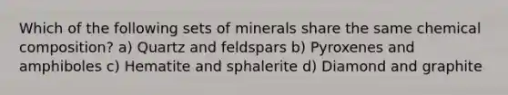 Which of the following sets of minerals share the same chemical composition? a) Quartz and feldspars b) Pyroxenes and amphiboles c) Hematite and sphalerite d) Diamond and graphite