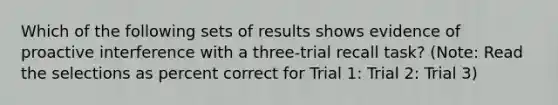 Which of the following sets of results shows evidence of proactive interference with a three-trial recall task? (Note: Read the selections as percent correct for Trial 1: Trial 2: Trial 3)