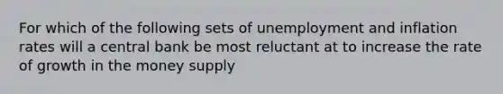 For which of the following sets of unemployment and inflation rates will a central bank be most reluctant at to increase the rate of growth in the money supply