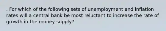 . For which of the following sets of unemployment and inflation rates will a central bank be most reluctant to increase the rate of growth in the money supply?