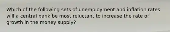 Which of the following sets of unemployment and inflation rates will a central bank be most reluctant to increase the rate of growth in the money supply?