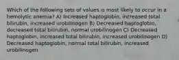 Which of the following sets of values is most likely to occur in a hemolytic anemia? A) Increased haptoglobin, increased total bilirubin, increased urobilinogen B) Decreased haptoglobin, decreased total bilirubin, normal urobilinogen C) Decreased haptoglobin, increased total bilirubin, increased urobilinogen D) Decreased haptoglobin, normal total bilirubin, increased urobilinogen