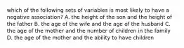 which of the following sets of variables is most likely to have a negative association? A. the height of the son and the height of the father B. the age of the wife and the age of the husband C. the age of the mother and the number of children in the family D. the age of the mother and the ability to have children