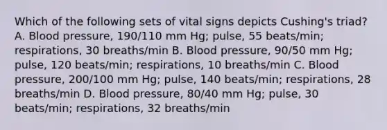 Which of the following sets of vital signs depicts Cushing's triad? A. Blood pressure, 190/110 mm Hg; pulse, 55 beats/min; respirations, 30 breaths/min B. Blood pressure, 90/50 mm Hg; pulse, 120 beats/min; respirations, 10 breaths/min C. Blood pressure, 200/100 mm Hg; pulse, 140 beats/min; respirations, 28 breaths/min D. Blood pressure, 80/40 mm Hg; pulse, 30 beats/min; respirations, 32 breaths/min