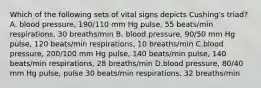 Which of the following sets of vital signs depicts Cushing's triad? A. blood pressure, 190/110 mm Hg pulse, 55 beats/min respirations, 30 breaths/min B. blood pressure, 90/50 mm Hg pulse, 120 beats/min respirations, 10 breaths/min C.blood pressure, 200/100 mm Hg pulse, 140 beats/min pulse, 140 beats/min respirations, 28 breaths/min D.blood pressure, 80/40 mm Hg pulse, pulse 30 beats/min respirations, 32 breaths/min