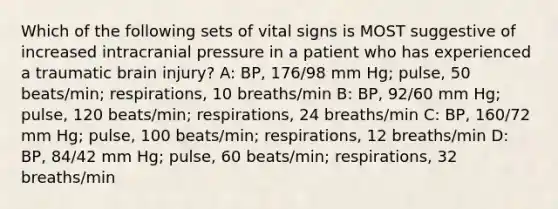 Which of the following sets of vital signs is MOST suggestive of increased intracranial pressure in a patient who has experienced a traumatic brain injury? A: BP, 176/98 mm Hg; pulse, 50 beats/min; respirations, 10 breaths/min B: BP, 92/60 mm Hg; pulse, 120 beats/min; respirations, 24 breaths/min C: BP, 160/72 mm Hg; pulse, 100 beats/min; respirations, 12 breaths/min D: BP, 84/42 mm Hg; pulse, 60 beats/min; respirations, 32 breaths/min