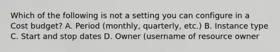 Which of the following is not a setting you can configure in a Cost budget? A. Period (monthly, quarterly, etc.) B. Instance type C. Start and stop dates D. Owner (username of resource owner