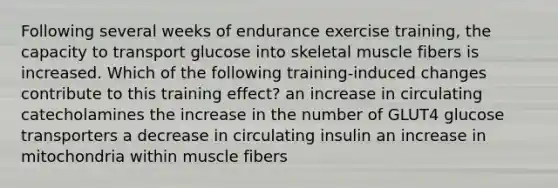 Following several weeks of endurance exercise training, the capacity to transport glucose into skeletal muscle fibers is increased. Which of the following training-induced changes contribute to this training effect? an increase in circulating catecholamines the increase in the number of GLUT4 glucose transporters a decrease in circulating insulin an increase in mitochondria within muscle fibers