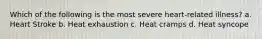 Which of the following is the most severe heart-related illness? a. Heart Stroke b. Heat exhaustion c. Heat cramps d. Heat syncope