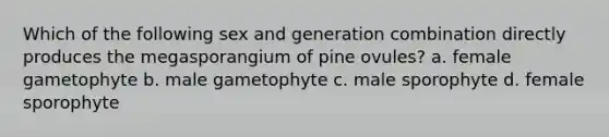 Which of the following sex and generation combination directly produces the megasporangium of pine ovules? a. female gametophyte b. male gametophyte c. male sporophyte d. female sporophyte