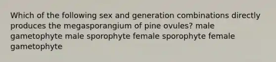 Which of the following sex and generation combinations directly produces the megasporangium of pine ovules? male gametophyte male sporophyte female sporophyte female gametophyte