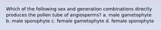 Which of the following sex and generation combinations directly produces the pollen tube of angiosperms? a. male gametophyte b. male sporophyte c. female gametophyte d. female sporophyte