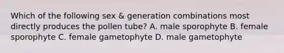 Which of the following sex & generation combinations most directly produces the pollen tube? A. male sporophyte B. female sporophyte C. female gametophyte D. male gametophyte