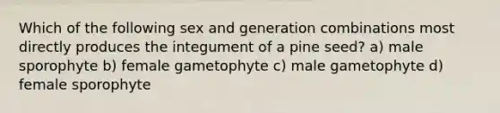 Which of the following sex and generation combinations most directly produces the integument of a pine seed? a) male sporophyte b) female gametophyte c) male gametophyte d) female sporophyte