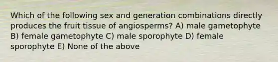 Which of the following sex and generation combinations directly produces the fruit tissue of angiosperms? A) male gametophyte B) female gametophyte C) male sporophyte D) female sporophyte E) None of the above