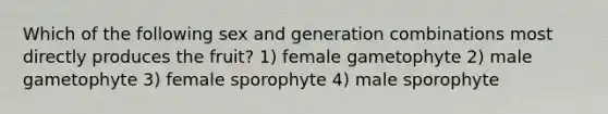 Which of the following sex and generation combinations most directly produces the fruit? 1) female gametophyte 2) male gametophyte 3) female sporophyte 4) male sporophyte