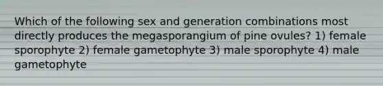 Which of the following sex and generation combinations most directly produces the megasporangium of pine ovules? 1) female sporophyte 2) female gametophyte 3) male sporophyte 4) male gametophyte