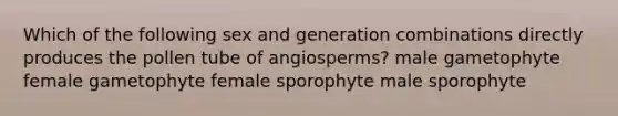 Which of the following sex and generation combinations directly produces the pollen tube of angiosperms? male gametophyte female gametophyte female sporophyte male sporophyte