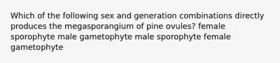 Which of the following sex and generation combinations directly produces the megasporangium of pine ovules? female sporophyte male gametophyte male sporophyte female gametophyte