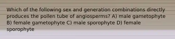 Which of the following sex and generation combinations directly produces the pollen tube of angiosperms? A) male gametophyte B) female gametophyte C) male sporophyte D) female sporophyte