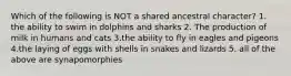 Which of the following is NOT a shared ancestral character? 1. the ability to swim in dolphins and sharks 2. The production of milk in humans and cats 3.the ability to fly in eagles and pigeons 4.the laying of eggs with shells in snakes and lizards 5. all of the above are synapomorphies