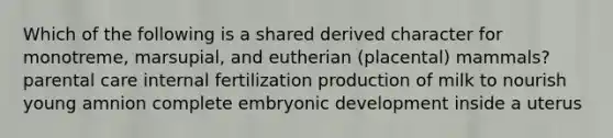 Which of the following is a shared derived character for monotreme, marsupial, and eutherian (placental) mammals? parental care internal fertilization production of milk to nourish young amnion complete embryonic development inside a uterus