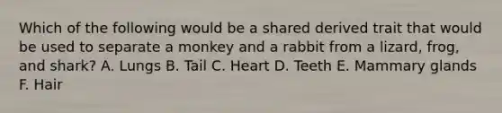 Which of the following would be a shared derived trait that would be used to separate a monkey and a rabbit from a lizard, frog, and shark? A. Lungs B. Tail C. Heart D. Teeth E. Mammary glands F. Hair