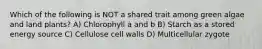 Which of the following is NOT a shared trait among green algae and land plants? A) Chlorophyll a and b B) Starch as a stored energy source C) Cellulose cell walls D) Multicellular zygote