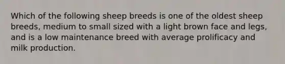 Which of the following sheep breeds is one of the oldest sheep breeds, medium to small sized with a light brown face and legs, and is a low maintenance breed with average prolificacy and milk production.