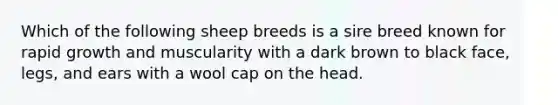 Which of the following sheep breeds is a sire breed known for rapid growth and muscularity with a dark brown to black face, legs, and ears with a wool cap on the head.