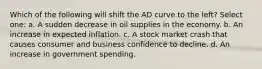 Which of the following will shift the AD curve to the left? Select one: a. A sudden decrease in oil supplies in the economy. b. An increase in expected inflation. c. A stock market crash that causes consumer and business confidence to decline. d. An increase in government spending.