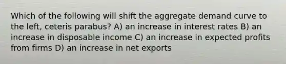 Which of the following will shift the aggregate demand curve to the left, ceteris parabus? A) an increase in interest rates B) an increase in disposable income C) an increase in expected profits from firms D) an increase in net exports