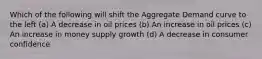 Which of the following will shift the Aggregate Demand curve to the left (a) A decrease in oil prices (b) An increase in oil prices (c) An increase in money supply growth (d) A decrease in consumer confidence