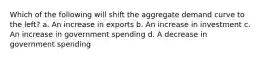 Which of the following will shift the aggregate demand curve to the left? a. An increase in exports b. An increase in investment c. An increase in government spending d. A decrease in government spending