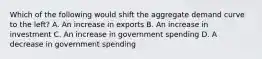 Which of the following would shift the aggregate demand curve to the left? A. An increase in exports B. An increase in investment C. An increase in government spending D. A decrease in government spending