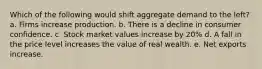 Which of the following would shift aggregate demand to the left? a. Firms increase production. b. There is a decline in consumer confidence. c. Stock market values increase by 20% d. A fall in the price level increases the value of real wealth. e. Net exports increase.