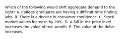 Which of the following would shift aggregate demand to the right? A. College graduates are having a difficult time finding jobs. B. There is a decline in consumer confidence. C. Stock market values increase by 20%. D. A fall in the price level increases the value of real wealth. E. The value of the dollar increases.