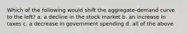 Which of the following would shift the aggregate-demand curve to the left? a. a decline in the stock market b. an increase in taxes c. a decrease in government spending d. all of the above