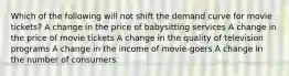 Which of the following will not shift the demand curve for movie tickets? A change in the price of babysitting services A change in the price of movie tickets A change in the quality of television programs A change in the income of movie-goers A change in the number of consumers