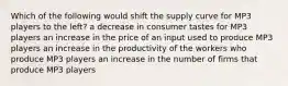 Which of the following would shift the supply curve for MP3 players to the left? a decrease in consumer tastes for MP3 players an increase in the price of an input used to produce MP3 players an increase in the productivity of the workers who produce MP3 players an increase in the number of firms that produce MP3 players