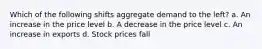 Which of the following shifts aggregate demand to the left? a. An increase in the price level b. A decrease in the price level c. An increase in exports d. Stock prices fall